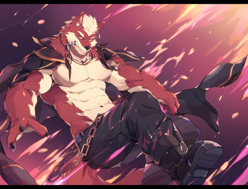 2018 abs anthro biceps boots canine clothed clothing digital_media_(artwork) footwear fur hi_res kemono male mammal muscular muscular_male pants pecs tengo topless wolf