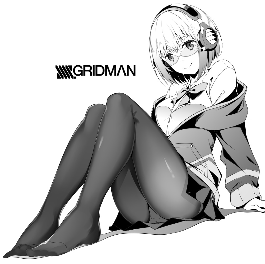 absurdres bangs black_legwear bow breasts collared_shirt eyebrows_visible_through_hair glasses greyscale headphones highres jacket large_breasts lavender_hair long_sleeves masabodo monochrome off_shoulder pantyhose school_uniform shinjou_akane shirt short_hair simple_background skirt smile solo source_request ssss.gridman white_background