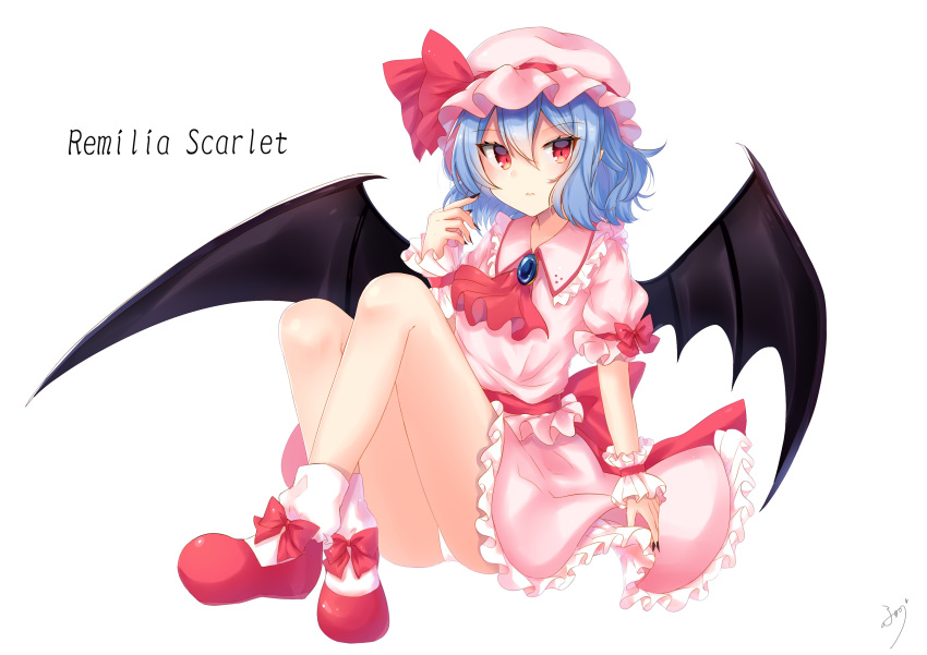 absurdres ascot bat_wings black_nails blue_hair character_name eyebrows_visible_through_hair hat highres legs nail_polish pink_skirt red_eyes red_neckwear remilia_scarlet shoes short_hair signature simple_background sitting skirt socks solanikieru solo touhou white_background wings