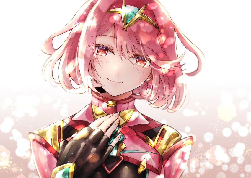 bangs breasts close-up earrings eyebrows_visible_through_hair fingerless_gloves gloves homura_(xenoblade_2) jewelry large_breasts looking_at_viewer mihayuuno red_eyes red_hair short_hair shoulder_armor smile solo swept_bangs tiara xenoblade_(series) xenoblade_2