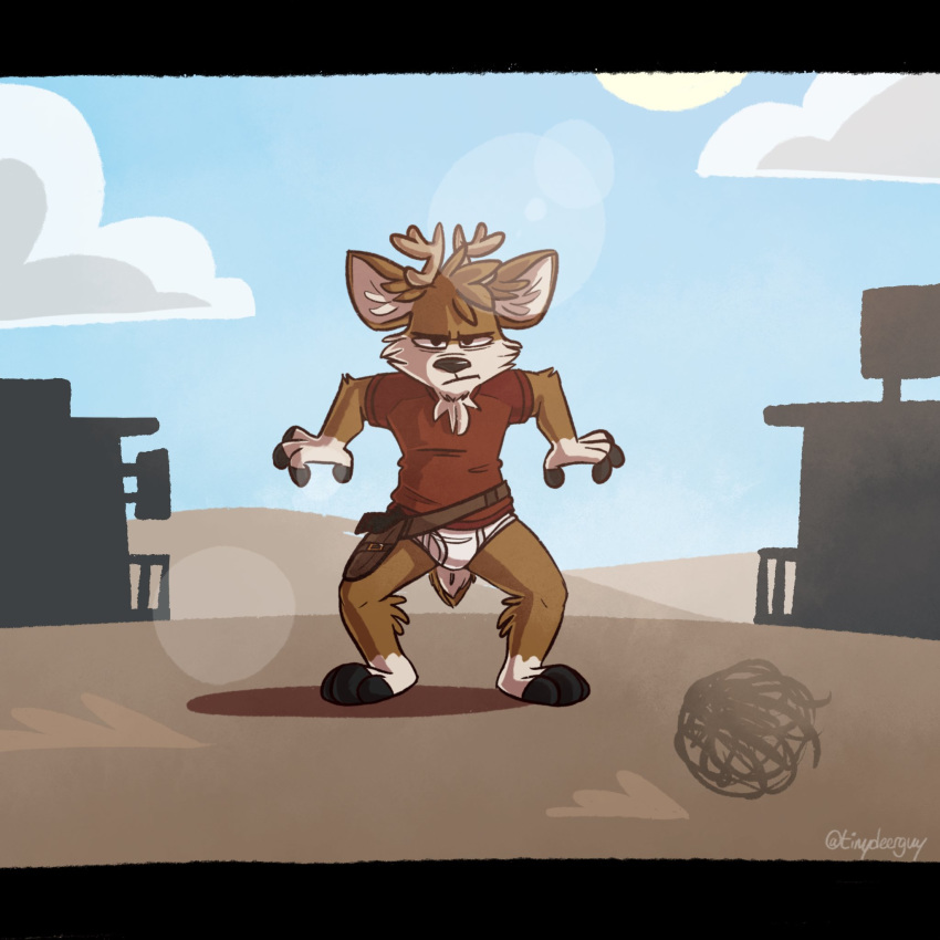 barefoot battle blue_sky briefs cervid clothing cloud darwin_(tinydeerguy) holster male mammal pose red_shirt shirt sky t-shirt tighty_whities tinydeerguy tumbleweed underwear white_underwear wild_west