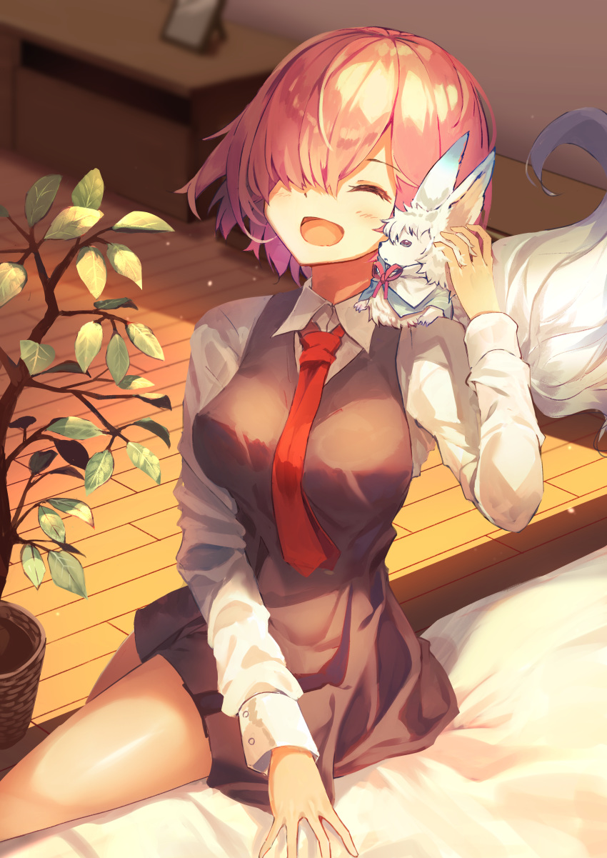absurdres animal animal_on_shoulder bed_sheet black_dress closed_eyes dress fate/grand_order fate_(series) fou_(fate/grand_order) grey_shirt highres hopepe indoors mash_kyrielight necktie open_mouth pink_hair pleated_dress red_neckwear shirt short_dress short_hair sitting sleeveless sleeveless_dress smile solo