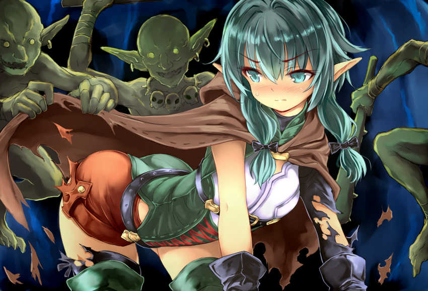 3boys all_fours ass bent_over blush cave club commentary_request earrings elf eyebrows_visible_through_hair gloves goblin goblin_slayer! green_eyes green_skin greyscale half-closed_eyes high_elf_archer_(goblin_slayer!) imminent_rape jewelry kumakou monochrome monster multiple_boys pointy_ears robe shorts skull_necklace spiked_club sweatdrop tearing_clothes torn_clothes weapon
