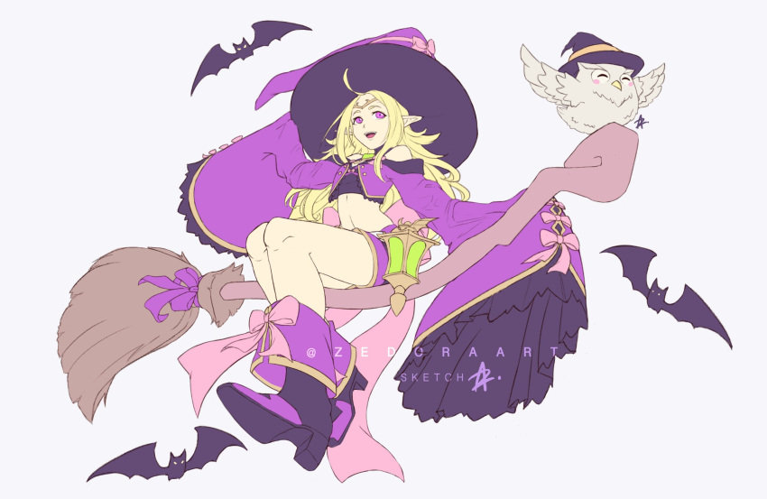 bat bird blonde_hair bow broom broom_riding circlet commentary feh_(fire_emblem_heroes) fire_emblem fire_emblem:_kakusei fire_emblem_heroes halloween_costume hat high_heels highres lantern long_hair long_sleeves mamkute midriff nono_(fire_emblem) open_mouth owl pink_bow pointy_ears purple_eyes short_shorts shorts simple_background sleeves_past_fingers sleeves_past_wrists twitter_username white_background witch_hat zedoraart