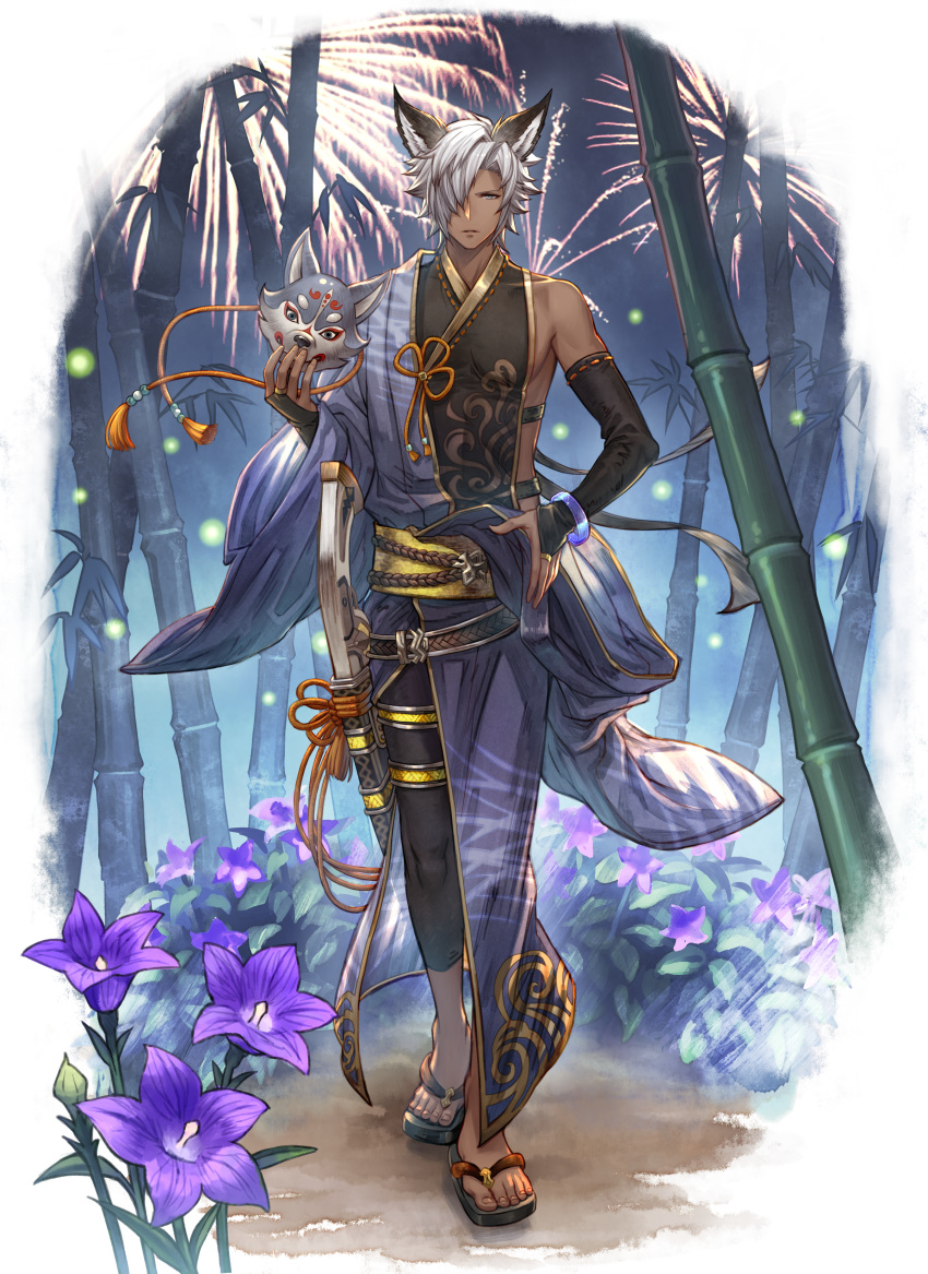 absurdres bamboo bamboo_forest black_pants black_sleeves blue_kimono bracelet bridal_gauntlets brown_eyes dark_skin detached_sleeves eustace-flamek eustace_(granblue_fantasy) fireworks flower forest fox_mask full_body granblue_fantasy hair_over_one_eye hand_on_hip highres holding holding_mask huge_filesize japanese_clothes jewelry kimono looking_at_viewer male_focus mask mask_removed nature orange_ribbon outdoors pants purple_flower ribbon ribbon-trimmed_sleeves ribbon_trim silver_hair solo standing white_background