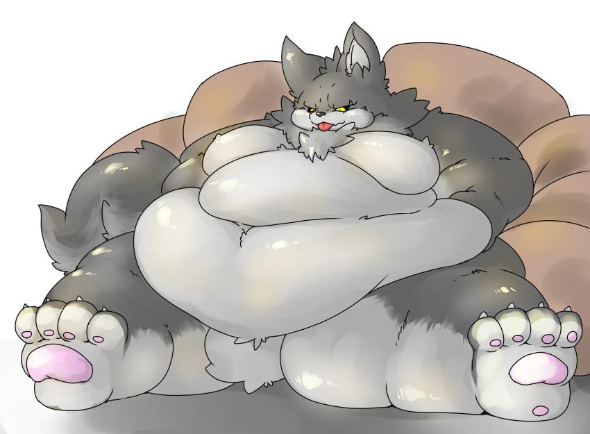 2018 anthro belly belly_grab black_nose black_sclera blep canine chubby_cheeks claws digital_media_(artwork) fur grey_fur love_handles male mammal moobs navel obese_male on_ground overweight overweight_male pawpads simple_background sitting solo thick_thighs toe_claws tongue tongue_out white_background wolf yellow_eyes ガブ