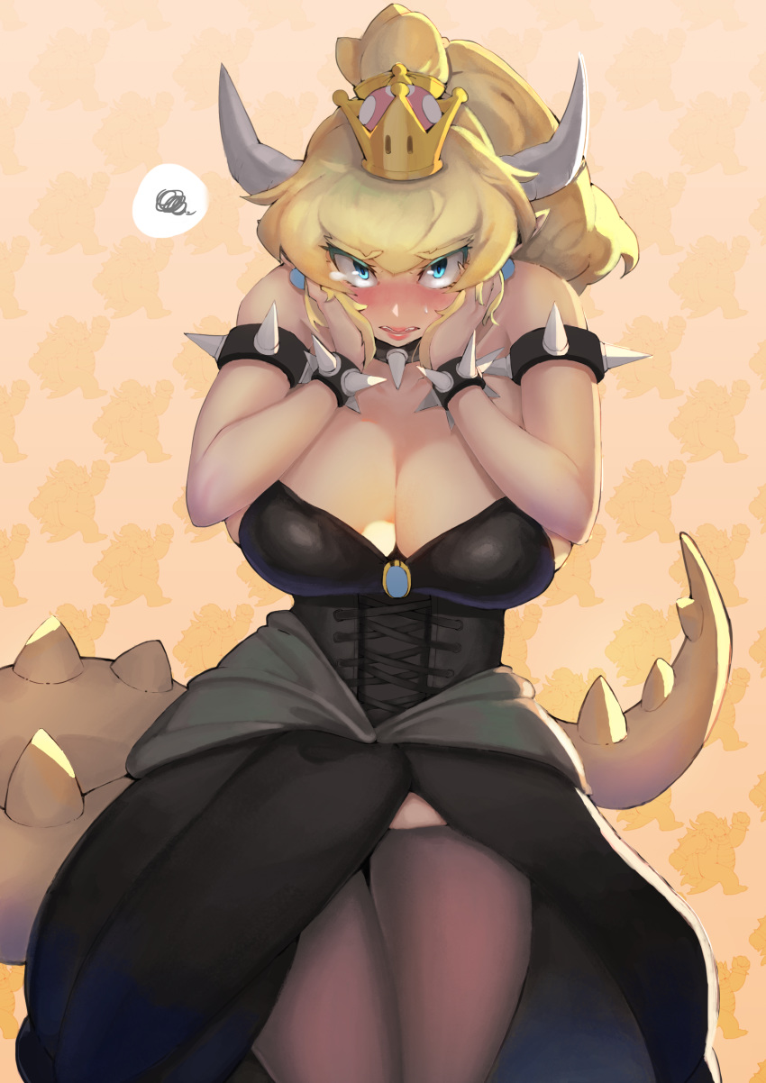 absurdres bangs black_collar black_dress blonde_hair blue_earrings blush borrowed_design bowsette bracelet breasts brooch cleavage collar commentary_request cowboy_shot crown dress earrings embarrassed eyebrows_visible_through_hair hands_on_own_cheeks hands_on_own_face hands_up highres horns jewelry koeru large_breasts lips long_hair mario_(series) new_super_mario_bros._u_deluxe nose_blush open_mouth ponytail solo spiked_armlet spiked_bracelet spiked_collar spiked_tail spikes squiggle standing strapless strapless_dress super_crown tail tearing_up thighhighs tsurime zettai_ryouiki