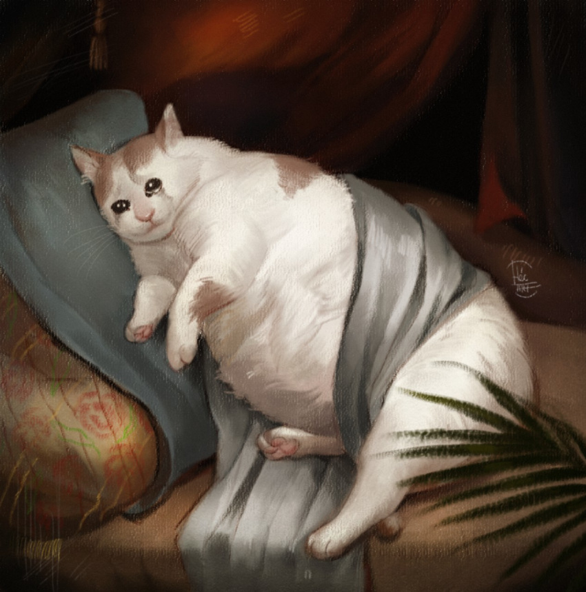 2018 3_toes ambiguous_gender beady_eyes bed bedding belly big_belly black_eyes blanket brown_fur brown_spots cat crying crying_cat curtains digital_media_(artwork) digital_painting_(artwork) draw_me_like_one_of_your_french_girls feline feral frown full-length_portrait fur hecatta hi_res hindpaw humor hyper hyper_belly inner_ear_fluff inside lying mammal meme multicolored_fur obese obese_ambiguous on_bed on_side overweight pawpads paws pillow pink_pawpads plant portrait quadruped signature solo spots spotted_fur tassels tears toes two_tone_fur whiskers white_fur