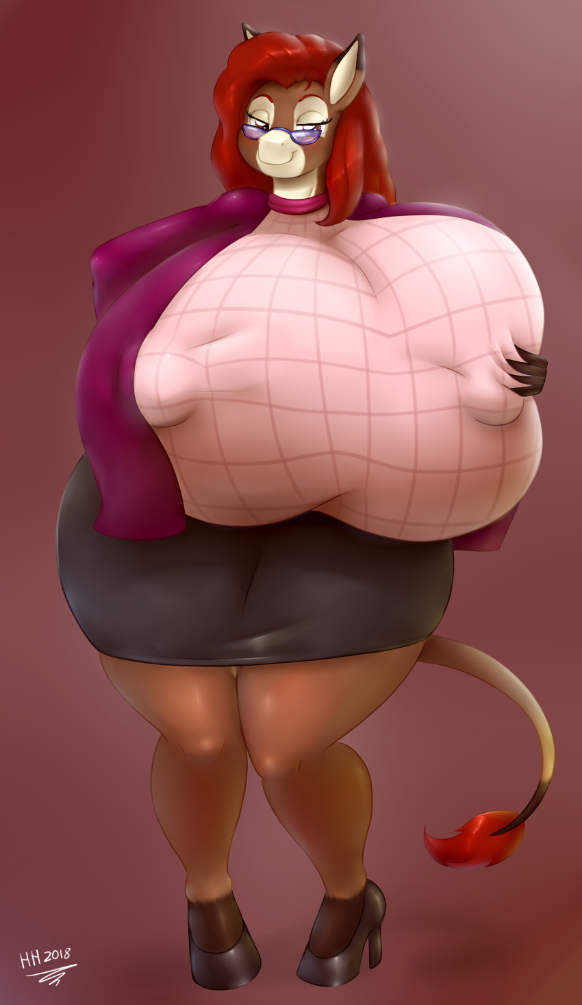 2018 absurd_res anthro big_breasts breasts brown_eyes clothed clothing donkey equine eyelashes eyewear female footwear glasses hair hi_res high_heels huge_breasts hyper hyper_breasts hyperstorm_h lidia_(hyperstorm_h) looking_at_viewer mammal nipple_bulge red_hair shoes smile solo thick_thighs