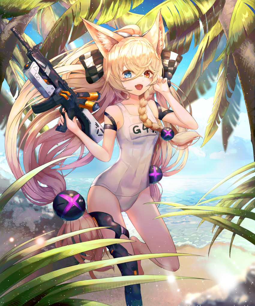absurdres animal_ears arm_strap ass_visible_through_thighs assault_rifle bangs between_legs black_bow black_gloves blonde_hair blue_eyes blue_sky blush bow braid breasts checkered checkered_bow cloud collarbone commentary_request covered_navel cowboy_shot day eyebrows_visible_through_hair fang from_side g41_(girls_frontline) girls_frontline gloves gun h&amp;k_g41 hair_between_eyes hair_bobbles hair_bow hair_ornament hair_ribbon hand_between_legs heterochromia highres holding holding_gun holding_weapon ita_(itta) leaf leg_up light_rays long_hair looking_at_viewer low-tied_long_hair low_twintails name_tag neon_trim old_school_swimsuit one-piece_swimsuit open_mouth outdoors palm_tree purple_ribbon red_eyes ribbon rifle school_swimsuit shade side_braid signature single_braid sky small_breasts solo standing sunbeam sunlight swimsuit thigh_strap thighs tree twintails very_long_hair wading water weapon wet white_bow white_school_swimsuit white_swimsuit