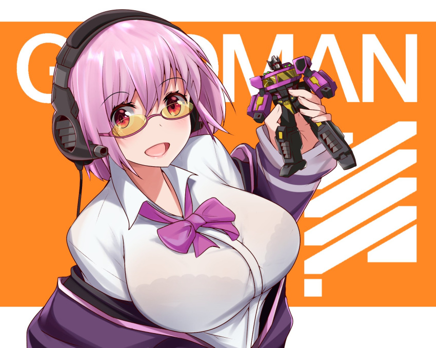 altronage bangs bow breasts collared_shirt commentary crossover english eyebrows_visible_through_hair glasses headphones highres jacket large_breasts lavender_hair optimus_prime_(shattered_glass) purple_jacket red_eyes robot school_uniform shinjou_akane shirt short_hair ssss.gridman title transformer transformers transformers_shattered_glass white_shirt