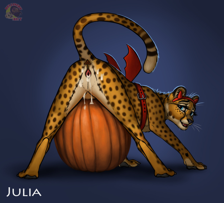 2018 anus cheetah conditional_dnp cum cum_in_pussy cum_inside delkon digital_media_(artwork) felidae feline female feral feral_pussy food fruit halloween holidays julia_(delkon) looking_at_viewer mammal open_mouth presenting pumpkin pussy simple_background solo