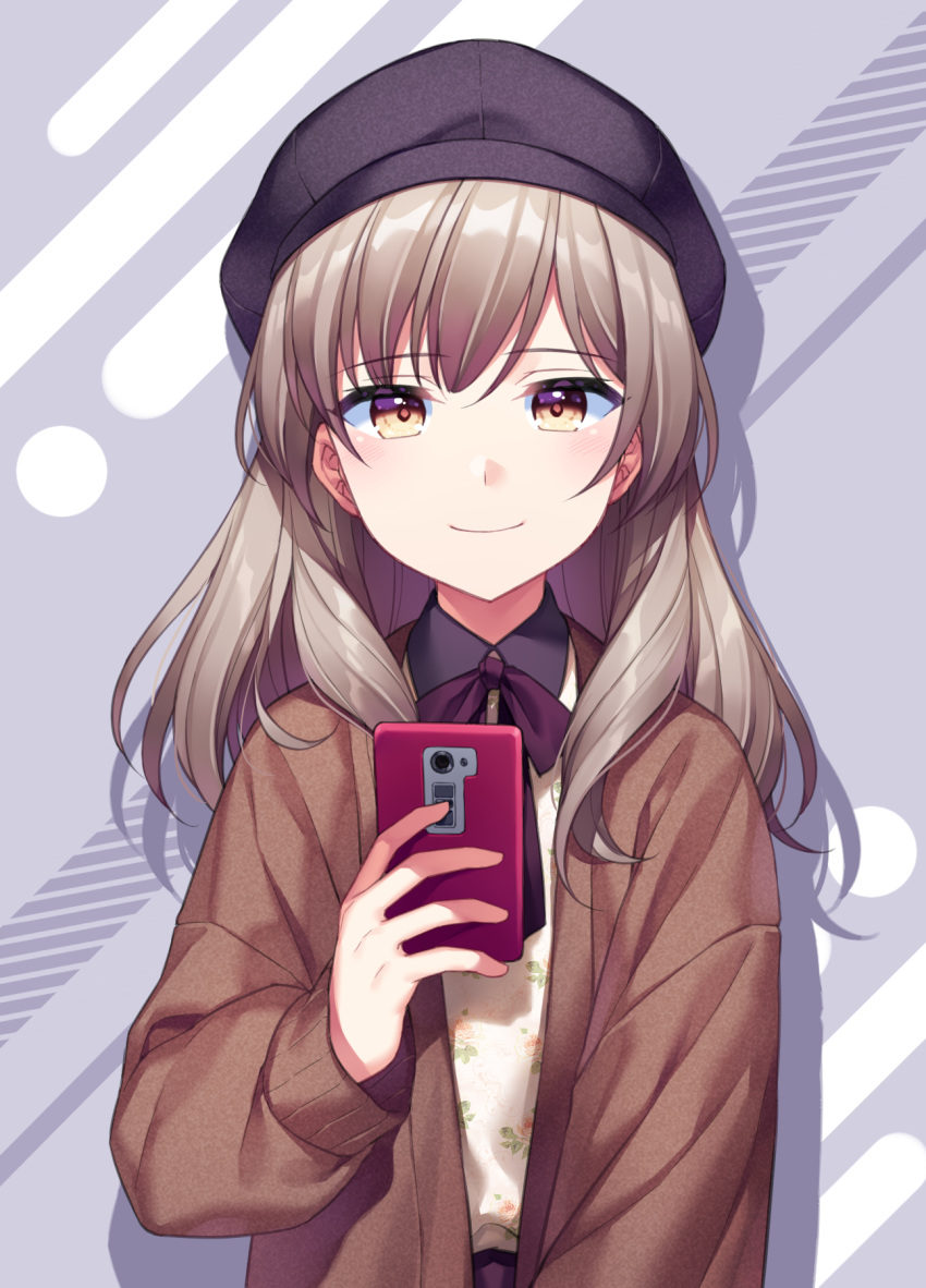 bangs beret black_hat blush brown_coat brown_eyes casual cellphone cellphone_camera check_commentary closed_mouth coat commentary_request eyebrows_visible_through_hair floral_print grey_background hat highres holding holding_phone jenevan long_hair neck_ribbon open_clothes open_coat original phone print_shirt purple_neckwear purple_ribbon ribbon shirt smartphone smile solo striped striped_background white_shirt