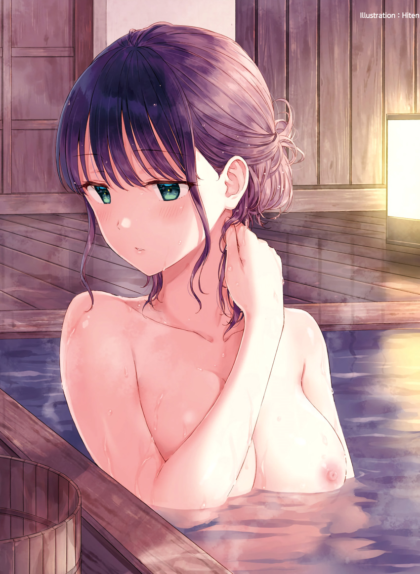 artist_name bangs bare_shoulders bathing blunt_bangs blush breasts comic_aun copyright_request green_eyes highres hiten_(hitenkei) indoors lamp large_breasts looking_away nipples nude onsen parted_lips partially_submerged purple_hair short_hair sidelocks solo steam water wet