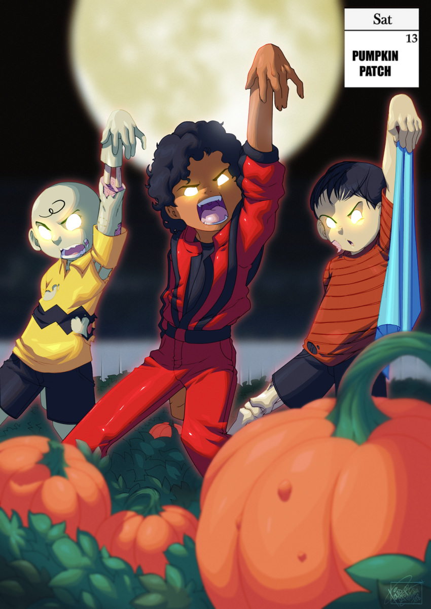 afro bald black_hair blanket blurry blurry_foreground bone charlie_brown commentary crossover dancing dark_skin dark_skinned_male depth_of_field english english_commentary fangs full_moon glowing glowing_eyes halloween highres jacket leather leather_jacket leather_pants linus_van_pelt male_focus michael_jackson monster_boy moon multiple_boys no_pupils open_mouth pants peanuts pumpkin real_life red_jacket red_leather red_pants shirt shorts sleeves_pushed_up t-shirt thriller toon torn_clothes tovio_rogers very_dark_skin yellow_eyes yellow_sclera zombie