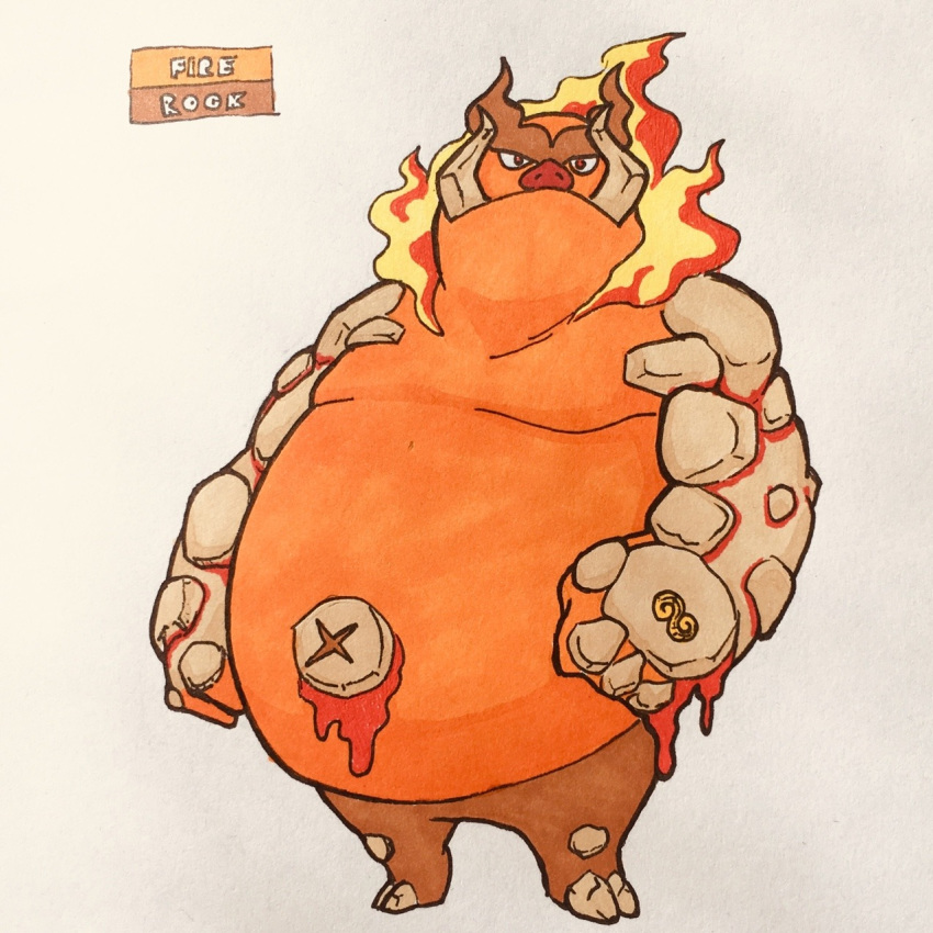 2018 2_toes alternate_color alternate_species anthro belly biped brown_eyebrows cloven_hooves earth_elemental elemental emboar english_text eyebrows fak&eacute;mon featureless_crotch fire firefightdex fist flaming_mane front_view frown full-length_portrait grey_hooves hatching_(technique) hi_res hooves lava looking_at_viewer male mammal mane marker_(artwork) mfanjul mineral_fauna mixed_media moobs navel nintendo nude obese obese_male outie_navel overweight overweight_male pen_(artwork) pig_nose pok&eacute;mon pok&eacute;mon_(species) porcine portrait red_eyes red_nose rock shadow simple_background solo standing text thick_eyebrows toes toony traditional_media_(artwork) tusks unibrow video_games white_background