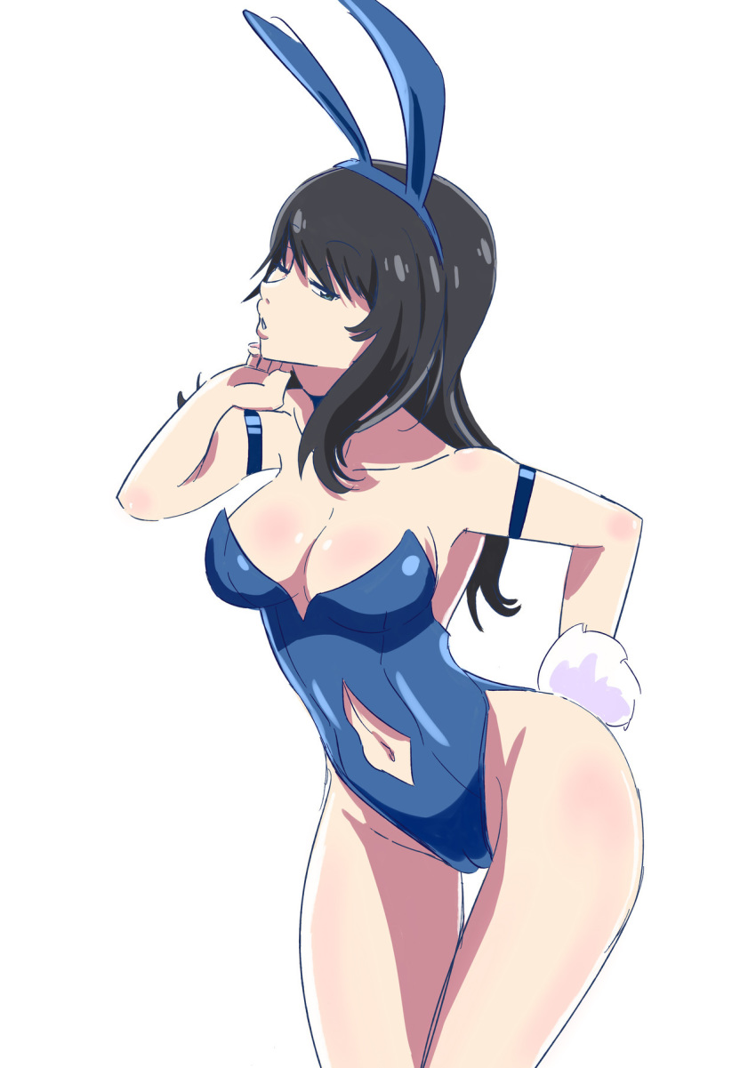 animal_ears armband black_eyes black_hair blue_leotard breasts bunny_ears bunny_tail bunnysuit cameltoe cleavage fake_animal_ears flcl flcl_alternative hand_on_own_face hand_up highres leotard long_hair medium_breasts navel navel_cutout one_eye_closed parted_lips sketch solo standing tail white_background yajima_hijiri