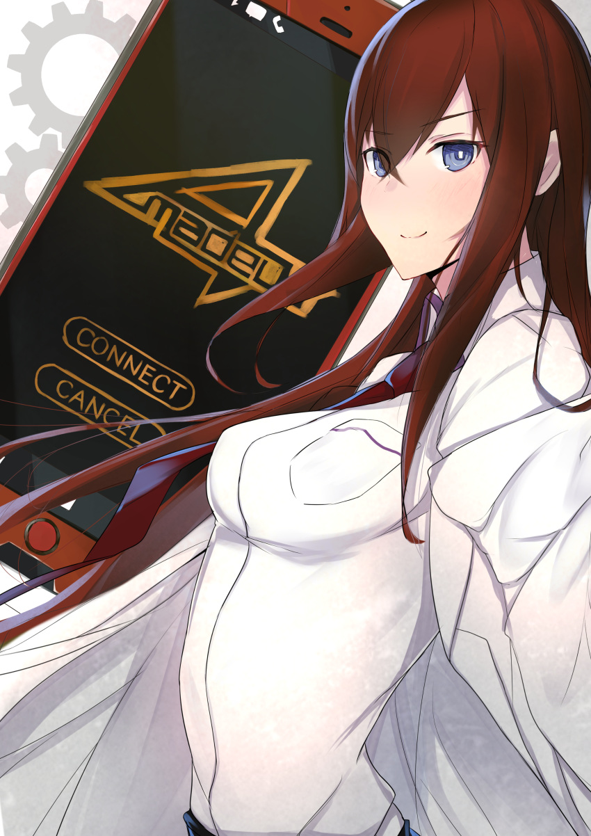 absurdres blue_eyes breasts brown_hair cellphone collared_shirt eyes_visible_through_hair gears highres labcoat long_hair looking_at_viewer makise_kurisu medium_breasts nanakaku necktie off_shoulder phone shirt smartphone smile solo steins;gate steins;gate_0 upper_body white_shirt