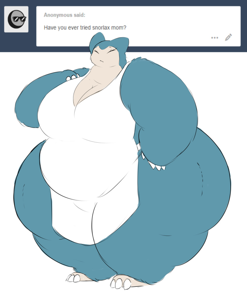 apron big_arms big_breasts breasts cleavage clothed clothing english_text female fur green_fur huge_breasts hyper mammal mature_female nintendo pok&eacute;mon pok&eacute;mon_(species) rakashama small_head snorlax text thick_thighs video_games wide_hips