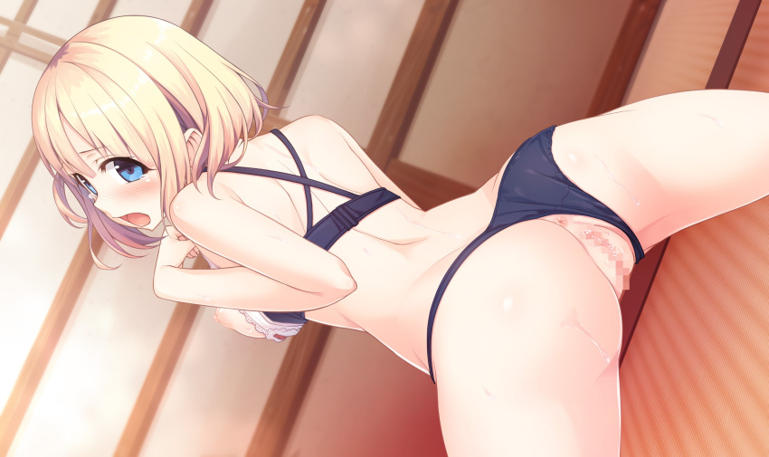 anus ass back bangs bare_arms bare_shoulders black_bra black_panties blonde_hair blue_eyes blurry blurry_background blush bra bra_pull breasts censored cura depth_of_field dutch_angle eyebrows_visible_through_hair fanbox_reward from_behind hair_between_eyes hand_up head_tilt highres hinai_paulette indoors lace lace-trimmed_bra long_hair looking_at_viewer looking_back maitetsu medium_breasts mosaic_censoring nipples nose_blush open_mouth paid_reward panties panties_aside puffy_nipples pussy pussy_juice ribbon-trimmed_bra shoulder_blades solo spread_legs tears thighs underwear underwear_only