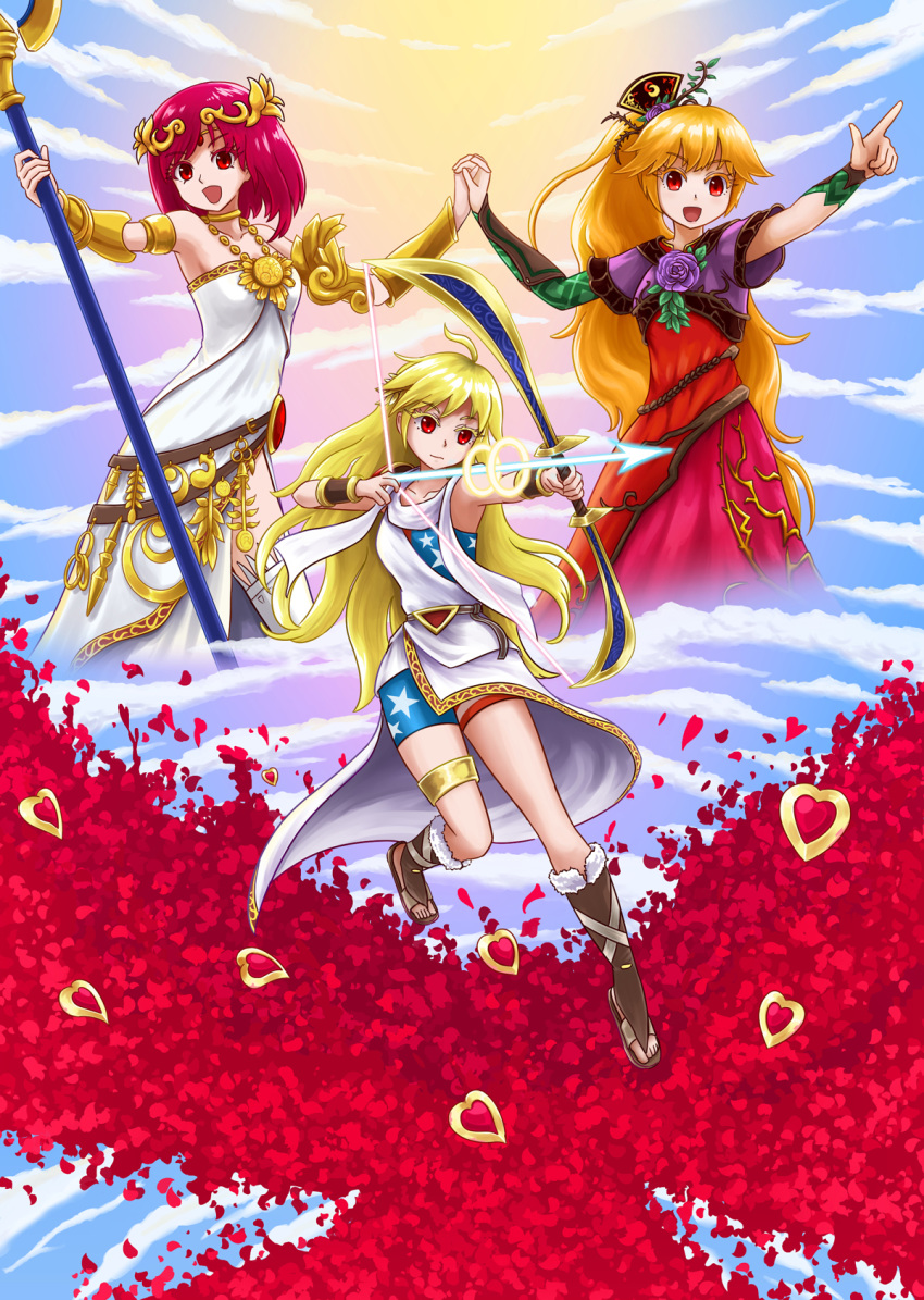 american_flag arrow bare_shoulders blonde_hair bow_(weapon) bracer capelet cloud clownpiece colored_eyelashes commentary_request cosplay drawing_bow dress flower girdle gold heart hecatia_lapislazuli highres holding_hands jewelry junko_(touhou) kid_icarus kid_icarus_uprising laurel_crown long_hair multiple_girls nachure nachure_(cosplay) okema open_mouth orange_hair palutena palutena_(cosplay) pendant pit_(kid_icarus) pit_(kid_icarus)_(cosplay) pointing pointing_to_the_side pointing_up ponytail purple_capelet purple_flower red_dress red_eyes red_hair sandals sash short_hair short_sleeves side_slit sky smile staff strapless strapless_dress sun thigh_strap thighhighs touhou tunic weapon white_dress white_tunic