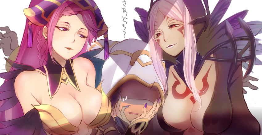 2girls black_gloves breasts check_translation cleavage commentary_request dark_skin detached_collar facial_mark feathers fire_emblem fire_emblem:_kakusei fire_emblem_heroes gloves hand_on_another's_face hat hood hood_up inverse_(fire_emblem) large_breasts loki_(fire_emblem_heroes) long_hair multiple_girls nail_polish oka_(umanihiki) parted_lips purple_eyes purple_hair red_eyes robe silver_hair simple_background summoner_(fire_emblem_heroes) translation_request turtleneck white_background
