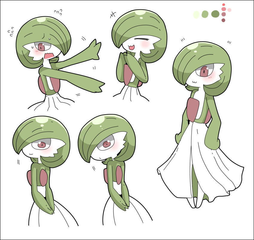 1girl :3 arms_behind_back arms_up black_border blush border closed_mouth color_guide creatures_(company) embarrassed eyebrows_visible_through_hair eyes_closed female flying_sweatdrops from_behind full_body game_freak gardevoir gen_3_pokemon green_hair green_skin hair_over_one_eye hands_on_hips hands_together hands_up happy highres looking_at_viewer multiple_views nintendo no_humans open_mouth outstretched_arms pokemon pokemon_(creature) shiny shiny_hair short_hair simple_background smile standing sweat tazonotanbo two-tone_skin upper_body white_background white_skin