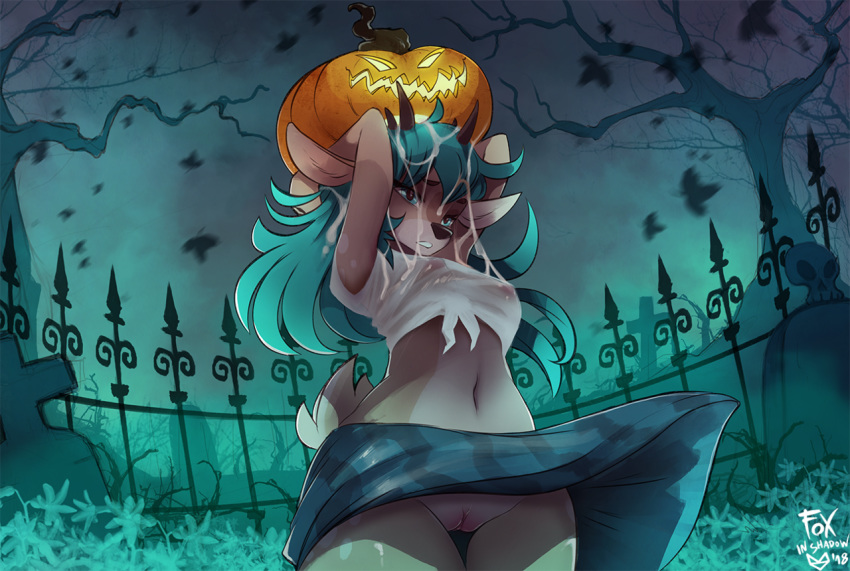 &lt;3 2018 anthro antlers areola blue_eyes blue_hair breasts cervine clothing danae_(character) female hair halloween hi_res holidays horn mammal nipples no_underwear pink_areola pink_nipples pussy reindeer shirt solo standing wet_shirt zero-sum