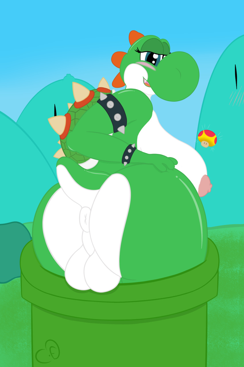 absurd_res balls big_breasts blush bowshi breasts cogsfixmore dickgirl fan_character fangs green_yoshi hi_res hybrid intersex koopa mario_bros nintendo nipples scalie video_games yoshi