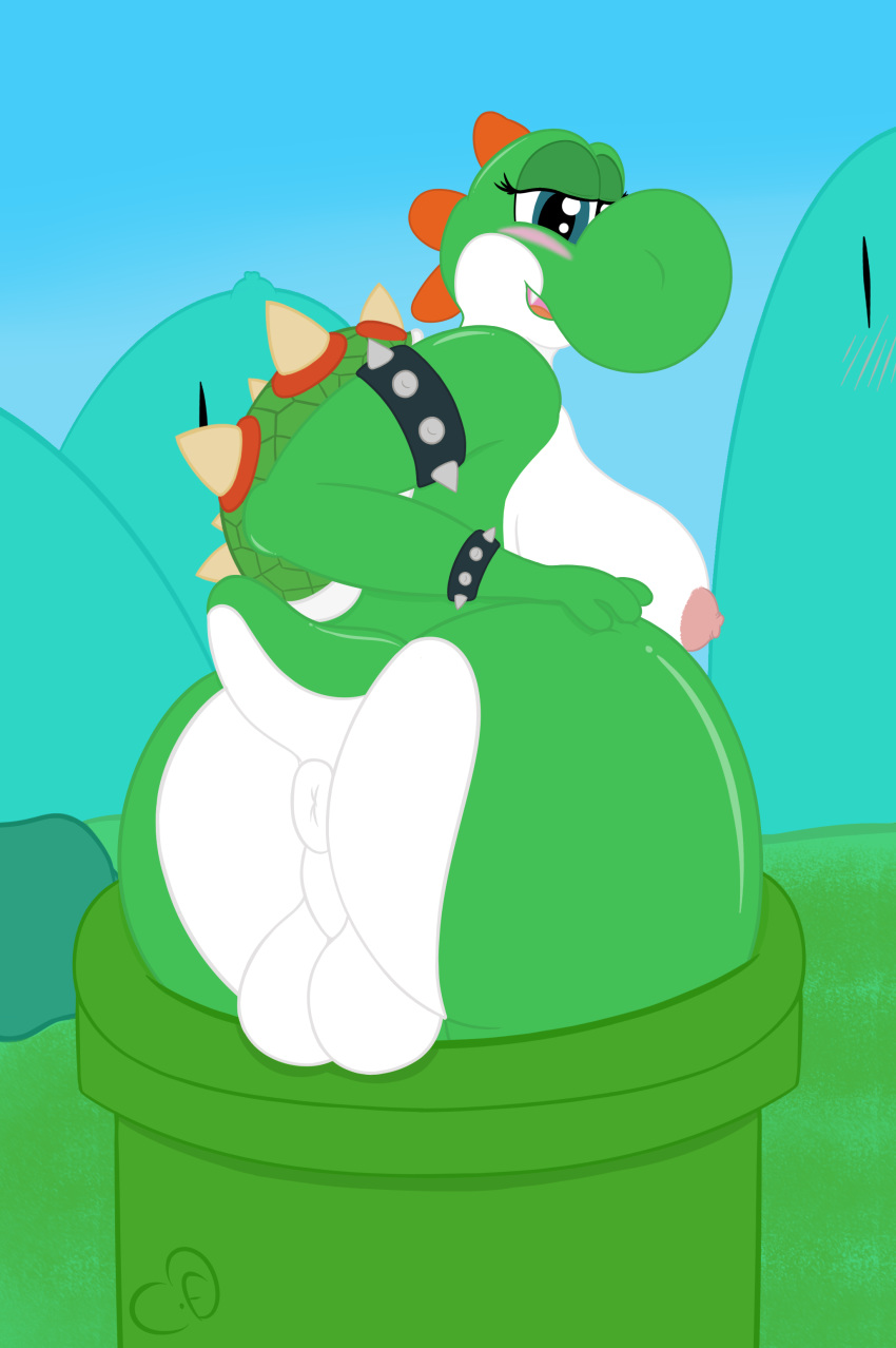 absurd_res balls big_breasts blush bowshi breasts cogsfixmore dickgirl fan_character fangs green_yoshi hi_res hybrid intersex koopa mario_bros nintendo nipples scalie video_games yoshi