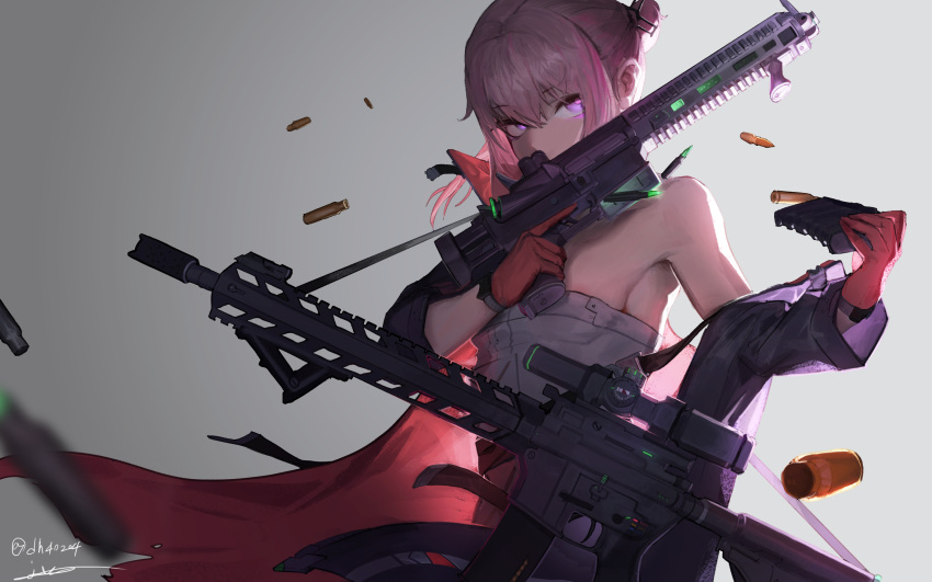 absurdres ar-15 armor armpits assault_rifle bangs blue_eyes breasts bullet closed_mouth coat covered_mouth dress dual_wielding eyebrows_visible_through_hair floating_hair girls_frontline gloves gun hair_between_eyes hair_ornament highres holding holding_gun holding_weapon junexp long_hair looking_at_viewer mod3_(girls_frontline) multicolored_hair off_shoulder pink_hair ponytail reloading rifle scarf shell_casing sidelocks signature small_breasts solo st_ar-15_(girls_frontline) strapless streaked_hair trigger_discipline tubetop weapon wind wind_lift