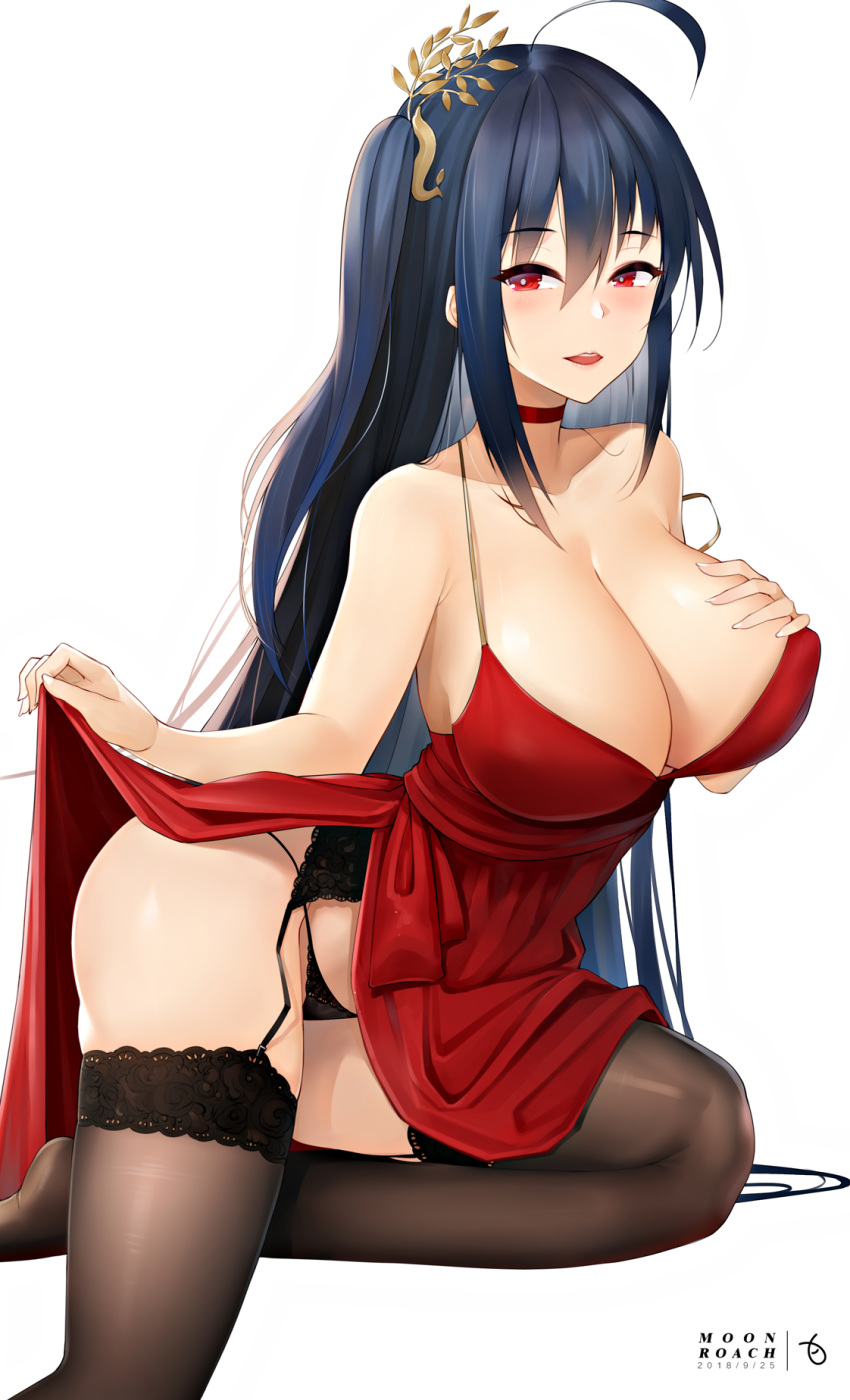 ahoge alternate_hairstyle armpit_crease ass azur_lane bangs bare_arms bare_shoulders black_garter_belt black_hair black_legwear black_panties blush breasts choker cleavage cocktail_dress collarbone commentary_request dated dress dress_lift eyebrows_visible_through_hair garter_straps hair_between_eyes hair_ornament halterneck hand_on_own_chest highres huge_breasts knee_up lace lace_panties large_breasts leaning_forward long_hair looking_at_viewer nail_polish one_side_up open_mouth panties red_choker red_dress red_eyes revision sidelocks signature simple_background skindentation smile solo strap_slip taihou_(azur_lane) thighs underwear very_long_hair white_background white_nails yueguang_zhanglang