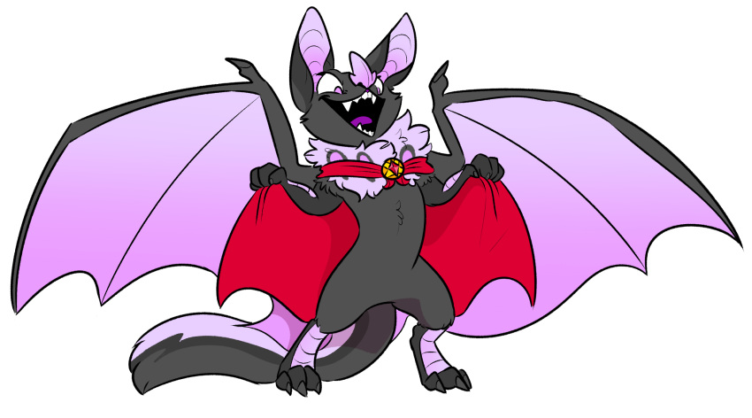 2018 astella avian bat batgriff big_ears brooch cape clothing costume digital_media_(artwork) fangs female feral fur gryphon invalid_tag mammal membranous_wings open_mouth smile solo spots standing stupidshepherd teeth tongue vampire wings