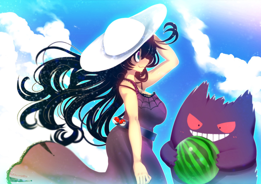 1girl @_@ adapted_costume adjusting_headwear al_bhed_eyes arm_up artist_name bangs bare_shoulders belt black_eyes black_hair blue_sky breasts closed_mouth cloud cowboy_shot creatures_(company) day dress female food from_side fruit game_freak gen_1_pokemon gengar hakkasame hat hex_maniac_(pokemon) holding large_breasts long_hair mew nintendo npc_trainer outdoors poke_ball poke_ball_(generic) pokemon pokemon_(creature) pokemon_(game) pokemon_xy profile purple_dress purple_eyes red-sclera signature sky sleeveless sleeveless_dress smile standing sun_hat sweat teeth twitter_username watermelon white_hat