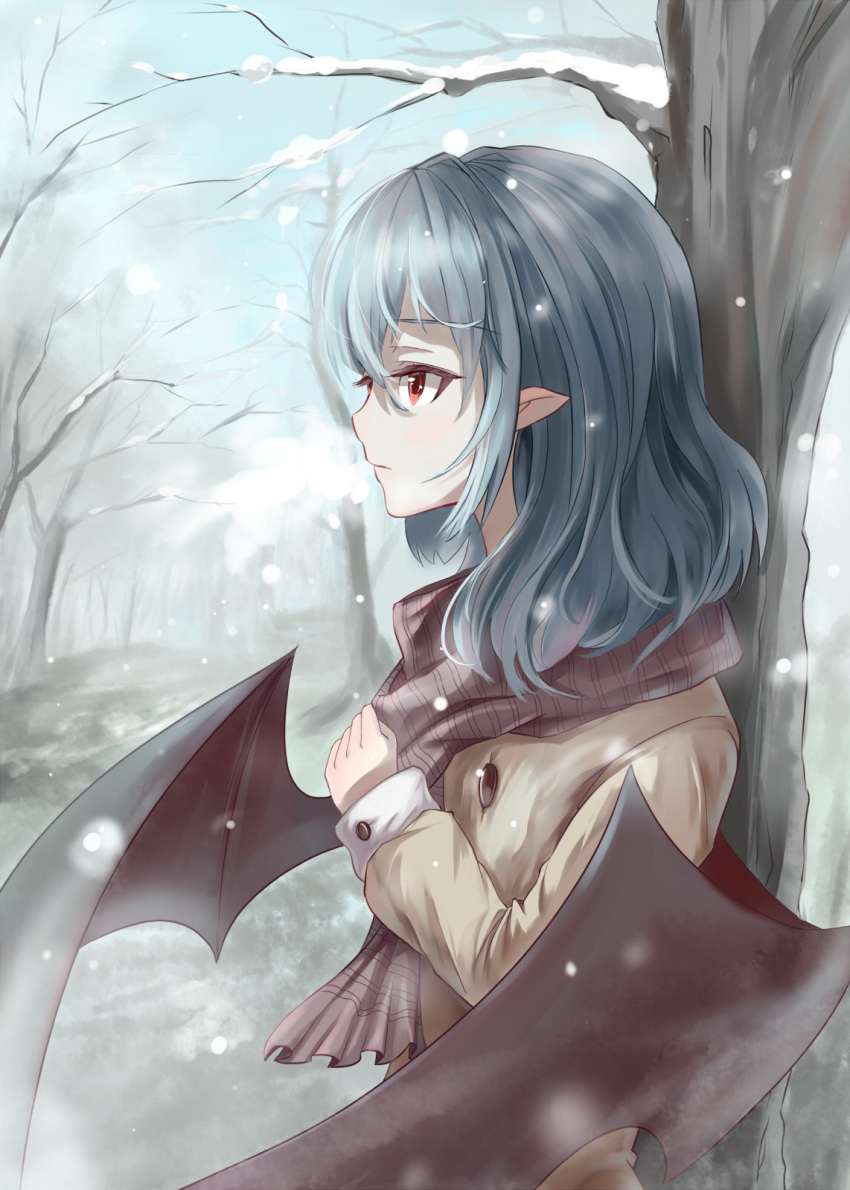 against_tree black_wings blue_hair brown_coat coat day from_side highres long_hair outdoors pointy_ears purple_scarf red_eyes remilia_scarlet scarf snow snowing snozaki solo touhou tree upper_body wings