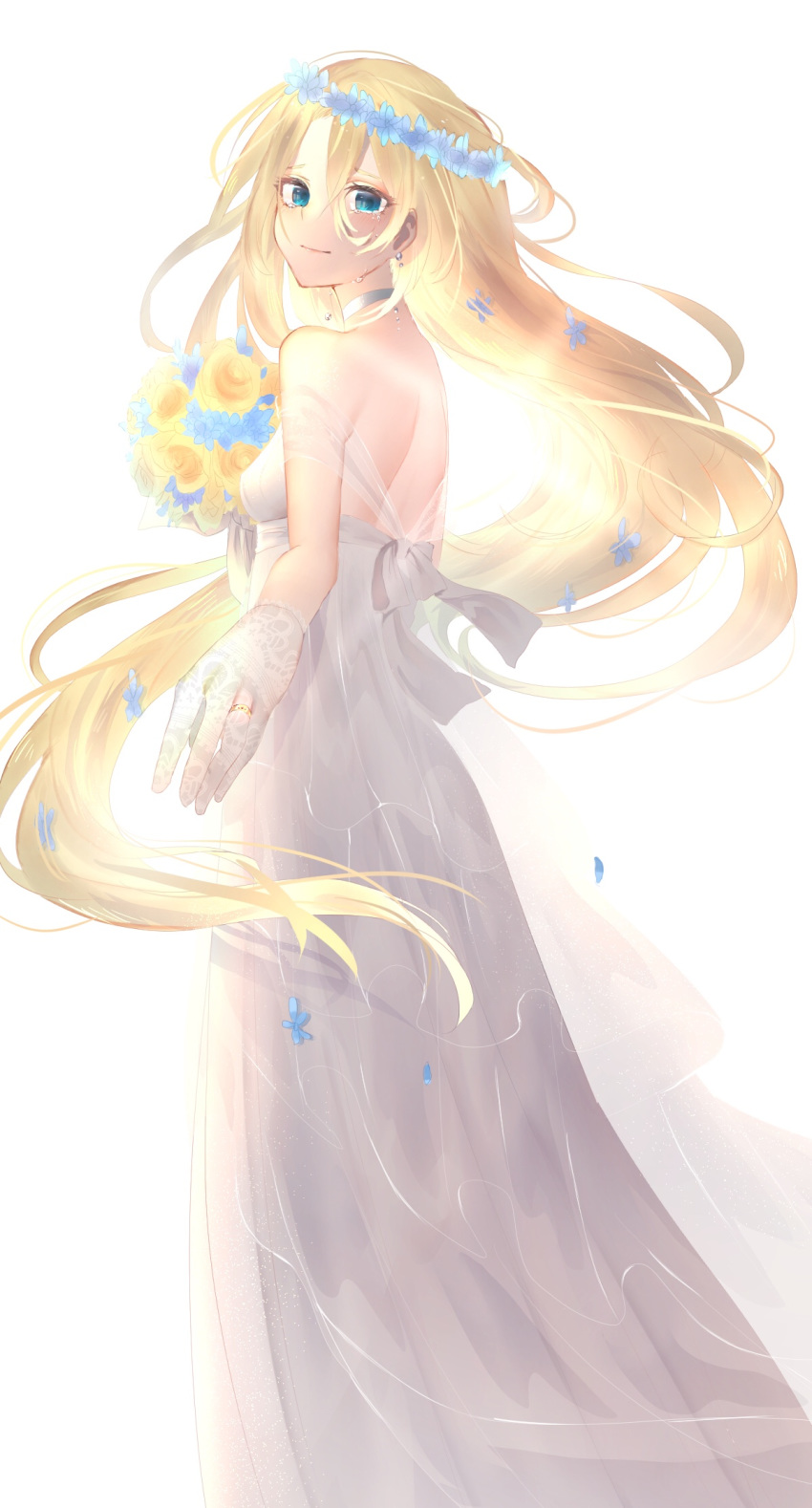 blonde_hair blue_eyes blue_flower breasts dress earrings floating_hair flower from_side gloves hair_between_eyes hair_flower hair_ornament head_wreath highres jewelry long_dress long_hair looking_at_viewer mmk-yoshi0330 rachel_gardner rose satsuriku_no_tenshi simple_background sleeveless sleeveless_dress small_breasts smile solo standing tears very_long_hair wedding_dress white_background white_dress white_gloves yellow_flower yellow_rose