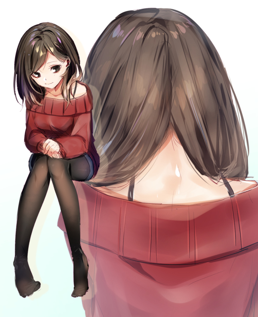 ayamori_mimi bangs bare_shoulders black_legwear brown_eyes brown_hair closed_mouth commentary_request from_behind highres legs_together legwear_under_shorts multiple_views nape original own_hands_together pantyhose pantyhose_under_shorts ribbed_sweater shorts simple_background sitting smile spaghetti_strap sweater swept_bangs white_background