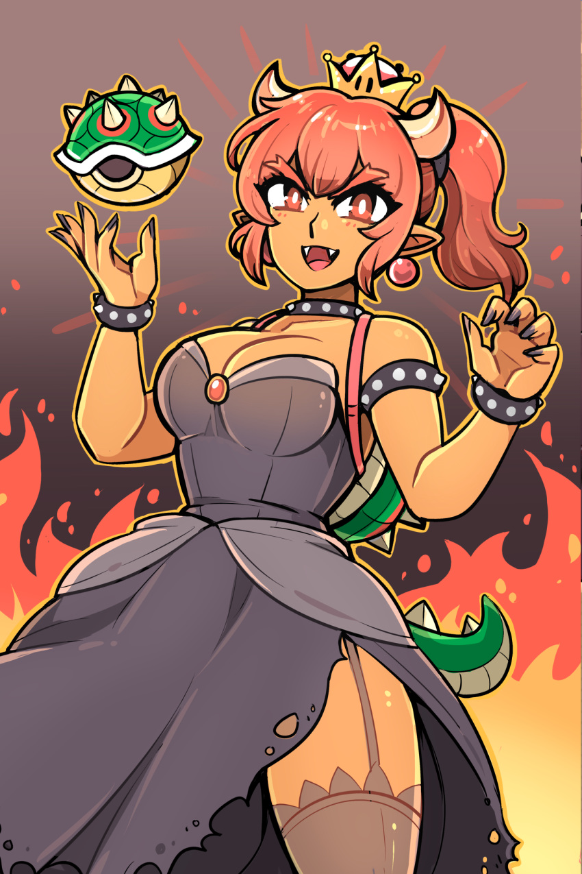 1girl black_dress black_legwear bowsette bracelet breasts cleavage collar dark_skin dress fangs fire garter_straps horns jen-jen_rose jewelry large_breasts looking_at_viewer mario_(series) nail_polish new_super_mario_bros._u_deluxe nintendo open_mouth ponytail red_eyes red_hair smile solo spiked_armlet spiked_bracelet spiked_collar spiked_shell spiked_tail spikes standing super_crown thighhighs thighs turtle_shell