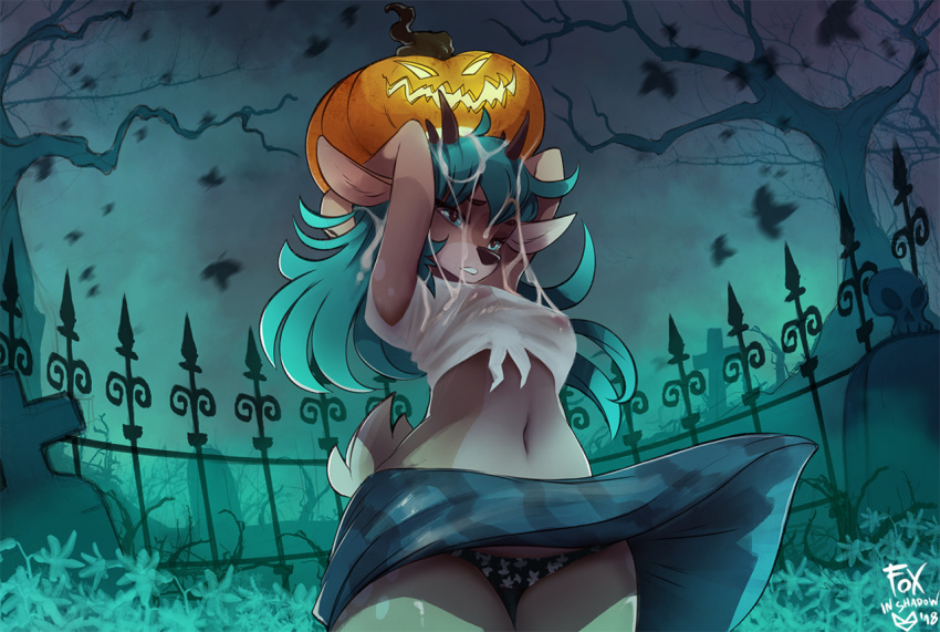 &lt;3 2018 anthro antlers areola blue_eyes blue_hair breasts cervine clothing danae_(character) female hair halloween hi_res holidays horn mammal nipples pink_areola pink_nipples reindeer shirt solo standing wet_shirt zero-sum