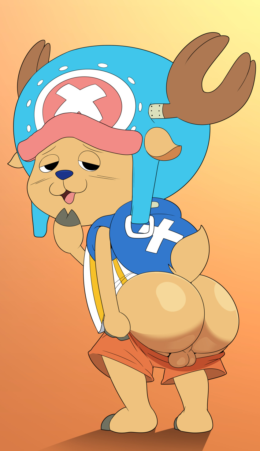 absurd_res anthro antlers backpack backsack balls big_butt blush butt cervine clothing half-closed_eyes hat hi_res hooves horn jerseydevil looking_at_viewer looking_back male mammal one_piece perineum reindeer shirt shorts shorts_down simple_background solo tan_background thick_thighs tony_tony_chopper