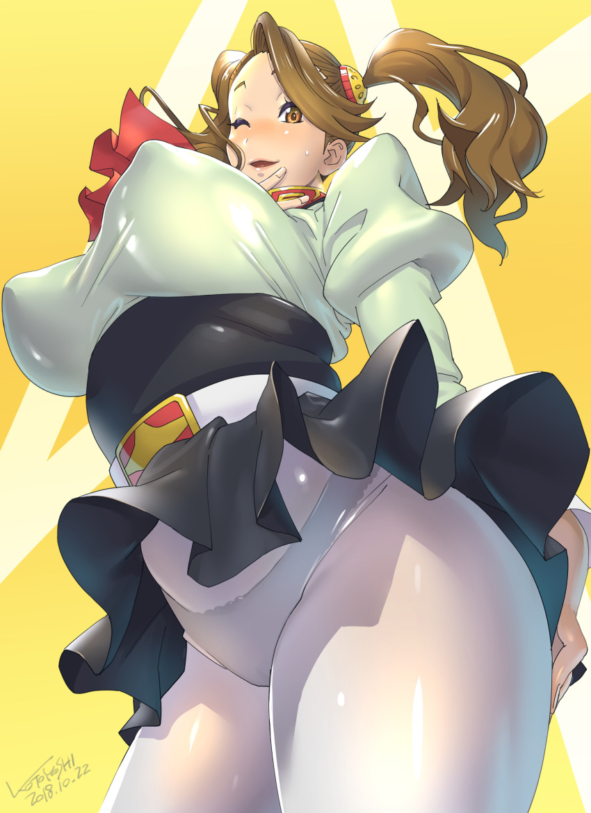 belt black_panties breasts brown_eyes brown_hair commentary_request dated from_below gundam gundam_build_fighters gundam_build_fighters_try highres kotoyoshi_yumisuke large_breasts long_hair looking_at_viewer looking_down one_eye_closed open_mouth panties pantyhose plump raised_eyebrows sazaki_kaoruko signature skirt solo thick_thighs thighs twintails underwear