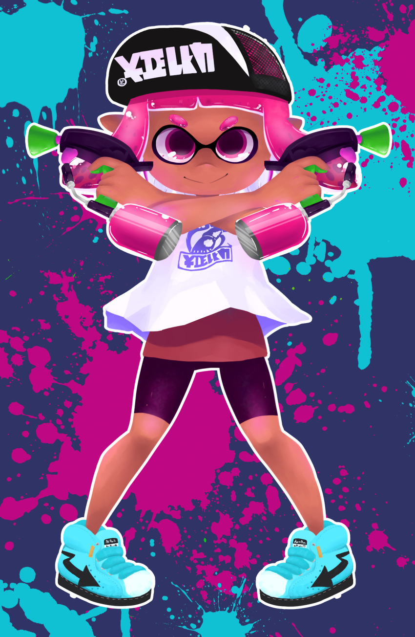 animal_humanoid arrow biped blue_shoes cephalopod cephalopod_humanoid clothing female footwear hair hat holding_object holding_weapon humanoid inkling looking_at_viewer marine nintendo pink_eyes pink_hair pointy_ears pose shoes short_hair shorts smile solo splatoon standing tentacle_hair tentacles umarun-k video_games weapon