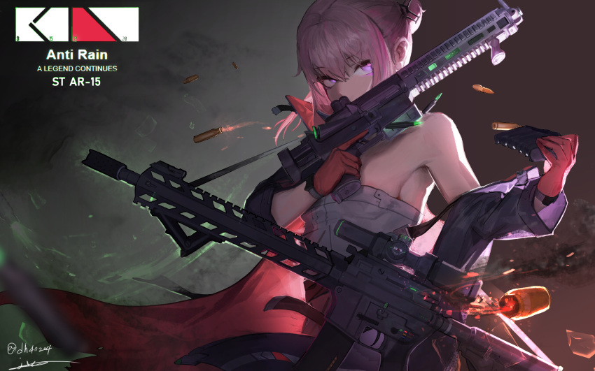 absurdres ar-15 armor armpits assault_rifle bangs blue_eyes breasts bullet character_name closed_mouth coat commentary covered_mouth dress dual_wielding eyebrows_visible_through_hair floating_hair girls_frontline gloves gun hair_between_eyes hair_ornament highres holding holding_gun holding_weapon junexp long_hair looking_at_viewer mod3_(girls_frontline) multicolored_hair off_shoulder pink_hair ponytail reloading rifle scarf shell_casing sidelocks signature small_breasts solo st_ar-15_(girls_frontline) strapless streaked_hair trigger_discipline tubetop weapon wind wind_lift
