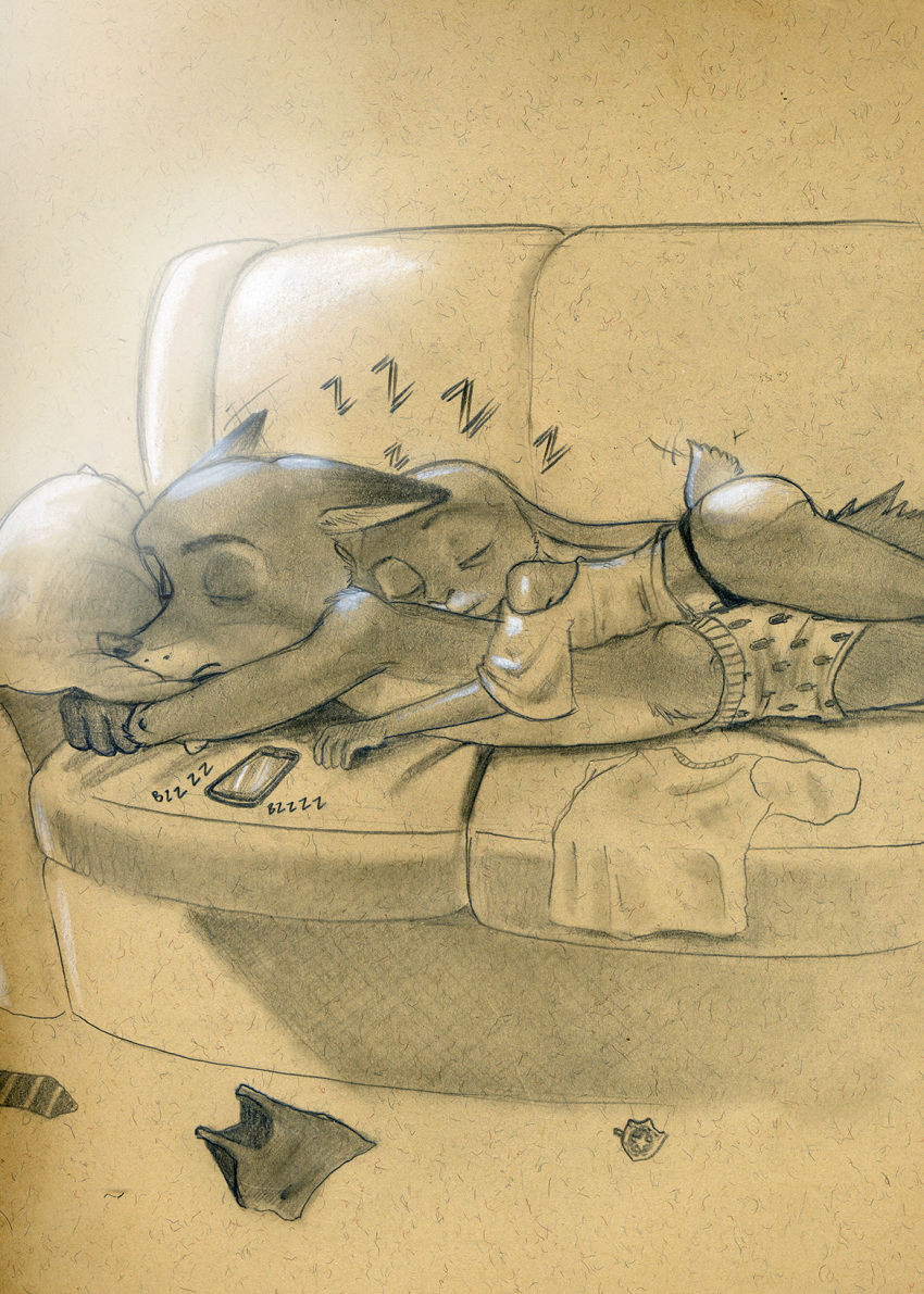 2018 anthro badge boxers_(clothing) canine cellphone clothed clothing discarded_clothing disney duo female fox hi_res inside judy_hopps lagomorph lying male mammal monochrome necktie nick_wilde on_front panties phone rabbit sepia shirt size_difference sleeping sofa topless tush underwear zootopia