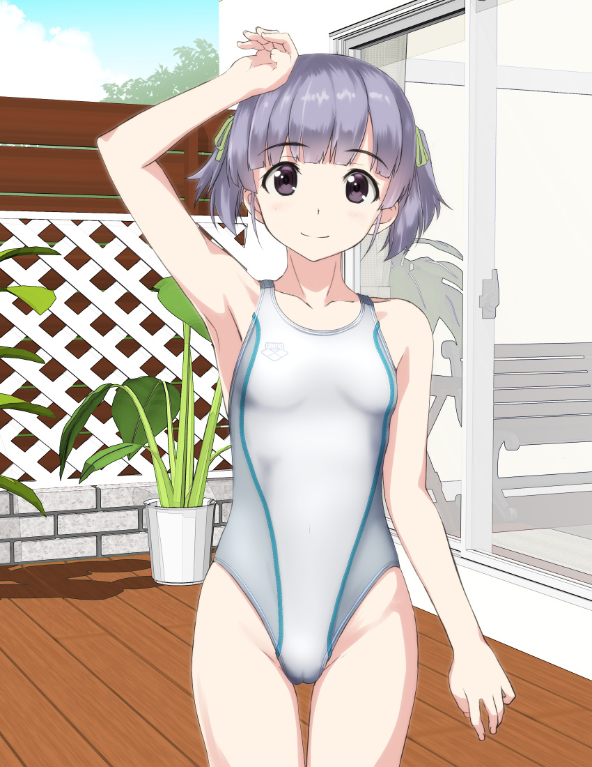 arena_(company) bench black_eyes collarbone competition_swimsuit cowboy_shot deck fence flat_chest highres kantai_collection looking_at_viewer one-piece_swimsuit ooshio_(kantai_collection) outdoors plant potted_plant purple_hair short_twintails sliding_doors smile solo swimsuit takafumi trellis twintails white_swimsuit