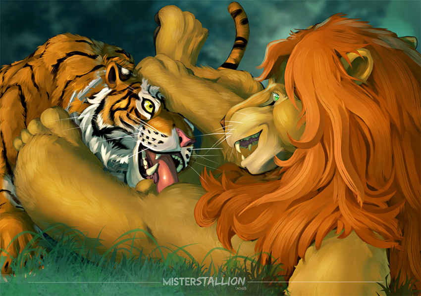 ambiguous_gender anatomically_correct feline fellatio feral feral_on_feral grass jungle lion love male male/ambiguous male_focus mammal mane misterstallion oral outside ownership penis red_mane sex slave smile stripes teeth tiger