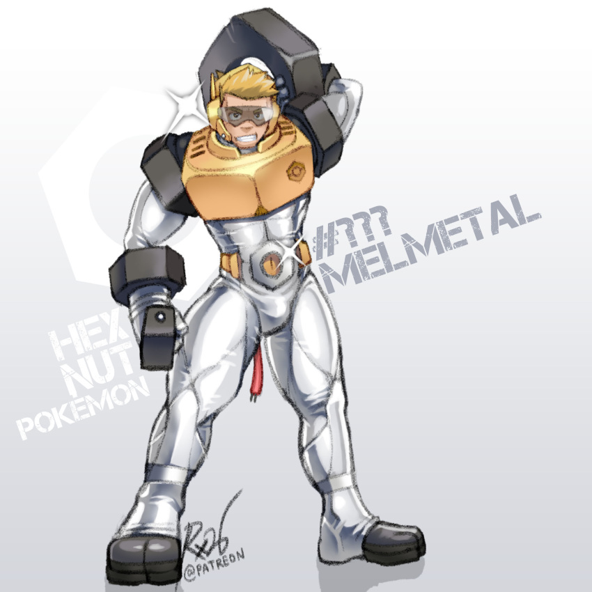belt blonde_hair bodysuit carrying_over_shoulder character_name full_body grey_background grin headset highres looking_at_viewer male_focus melmetal personification pokemon radx26 shiny shiny_clothes signature simple_background skin_tight smile visor