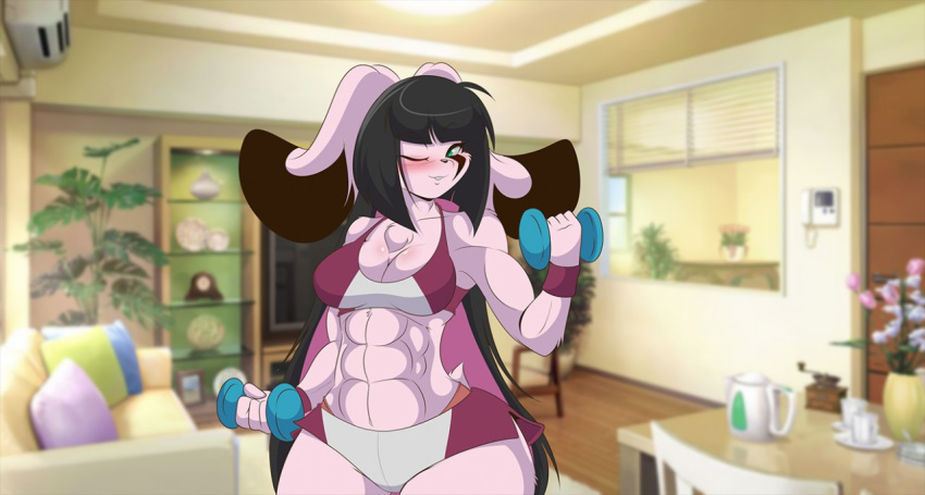 abs anthro big_ears black_hair bra breasts chest_tuft cleavage clothed clothing digital_media_(artwork) dumbbell exercise facial_markings female floppy_ears fur green_eyes hair jazmin_usagi lagomorph long_ears long_hair looking_at_viewer mammal markings mastergodai multicolored_hair muscular muscular_female pink_fur pink_hair rabbit rascals small_breasts sports_bra tuft two_tone_hair underwear weightlifting weights workout