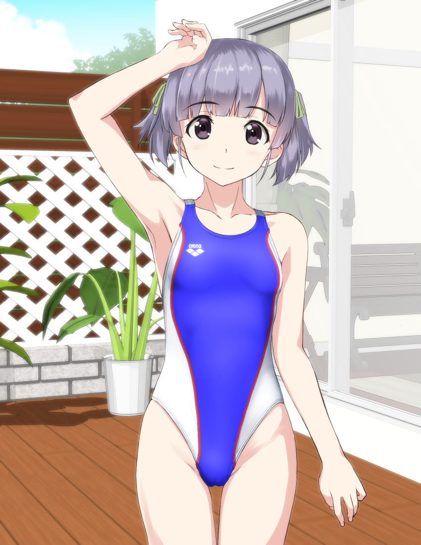 arena_(company) bench black_eyes blue_swimsuit collarbone competition_swimsuit cowboy_shot deck fence flat_chest highres kantai_collection looking_at_viewer one-piece_swimsuit ooshio_(kantai_collection) outdoors plant potted_plant purple_hair short_twintails sliding_doors smile solo swimsuit takafumi trellis twintails