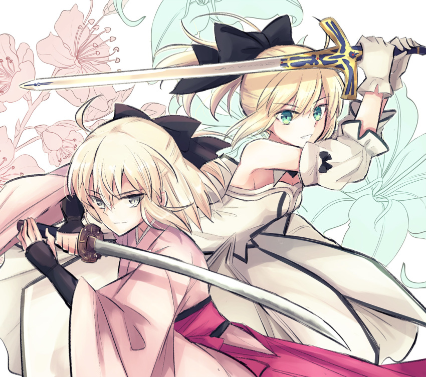 ahoge artoria_pendragon_(all) black_bow blonde_hair bow breasts choker cleavage dress excalibur eyebrows_visible_through_hair fate/grand_order fate_(series) floating_hair flower gloves green_eyes grin hair_between_eyes hair_bow highres holding holding_sword holding_weapon japanese_clothes kimono long_dress long_hair long_sleeves multiple_girls nayu_tundora okita_souji_(fate) okita_souji_(fate)_(all) pink_kimono ponytail saber_lily silver_eyes sleeveless sleeveless_dress small_breasts smile strapless strapless_dress sword weapon white_dress white_gloves white_sleeves